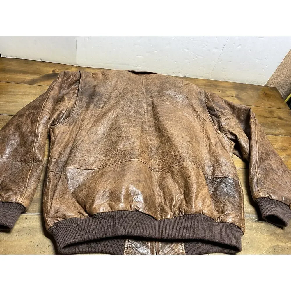 Context Vintage 90s Leather Bomber Jacket Brown Size Aztec Lining Full Zip XLT